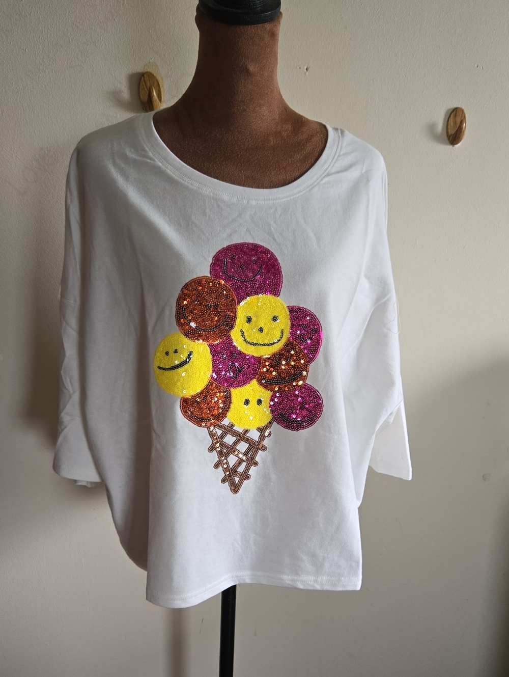 P105 Peach Love Glam Sequin Smiley Ice Cream Oversized Tee Boxy Drop Shoulder